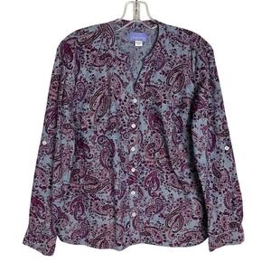 Laura Scott Button Up Shirt Women's Size S/C Paisley Roll Tab Sleeves Blouse Top